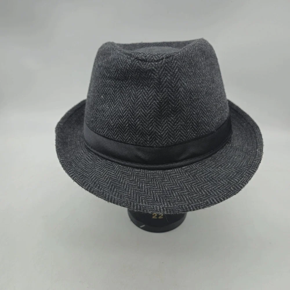 Hipster Fedora Hat Mens Small Medium Gray Polyester‎ Herringbone Black Band